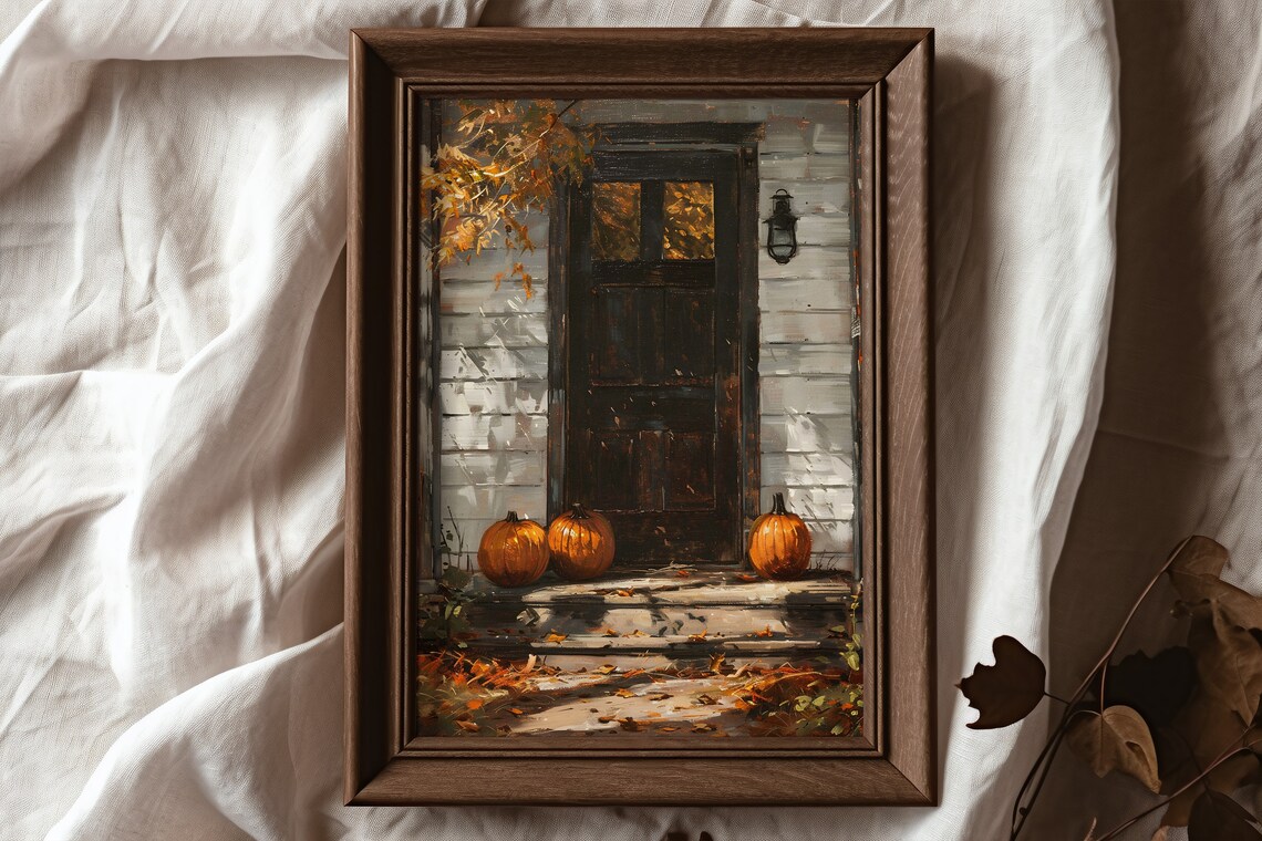 Pumpkins by Front Door Autumn Farmhouse Oil Painting Fall Poster - Image 6