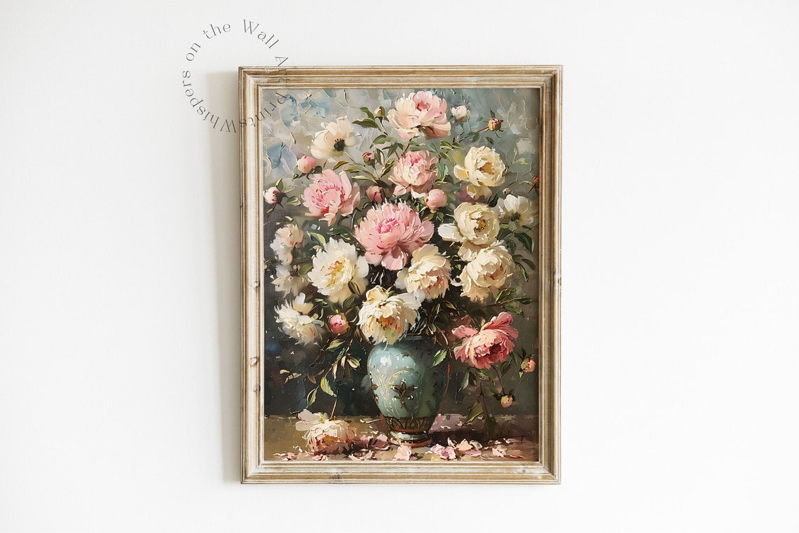 Pink Peonies in Turquoise Vase Vintage Floral Painting Poster - Image 2