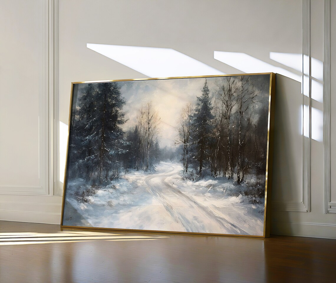 Snowy Winter Road Moody Forest Vintage Landscape Oil Painting Poster - Image 6