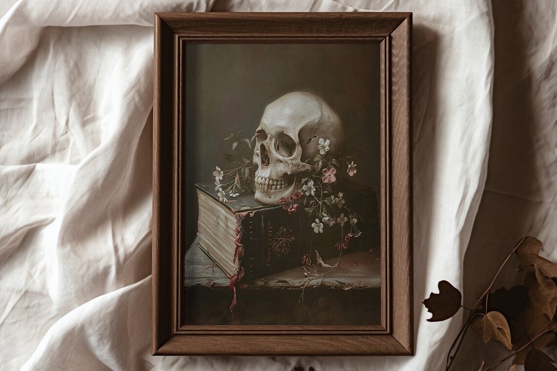 Memento Mori Skull On Antique Open Book With Delicate Flowers Still Life Poster - Image 6
