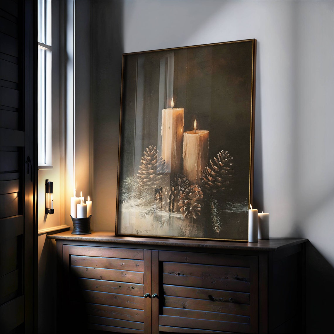 Christmas Candles with Pinecones Dark Moody Winter Still Life Poster - Image 3