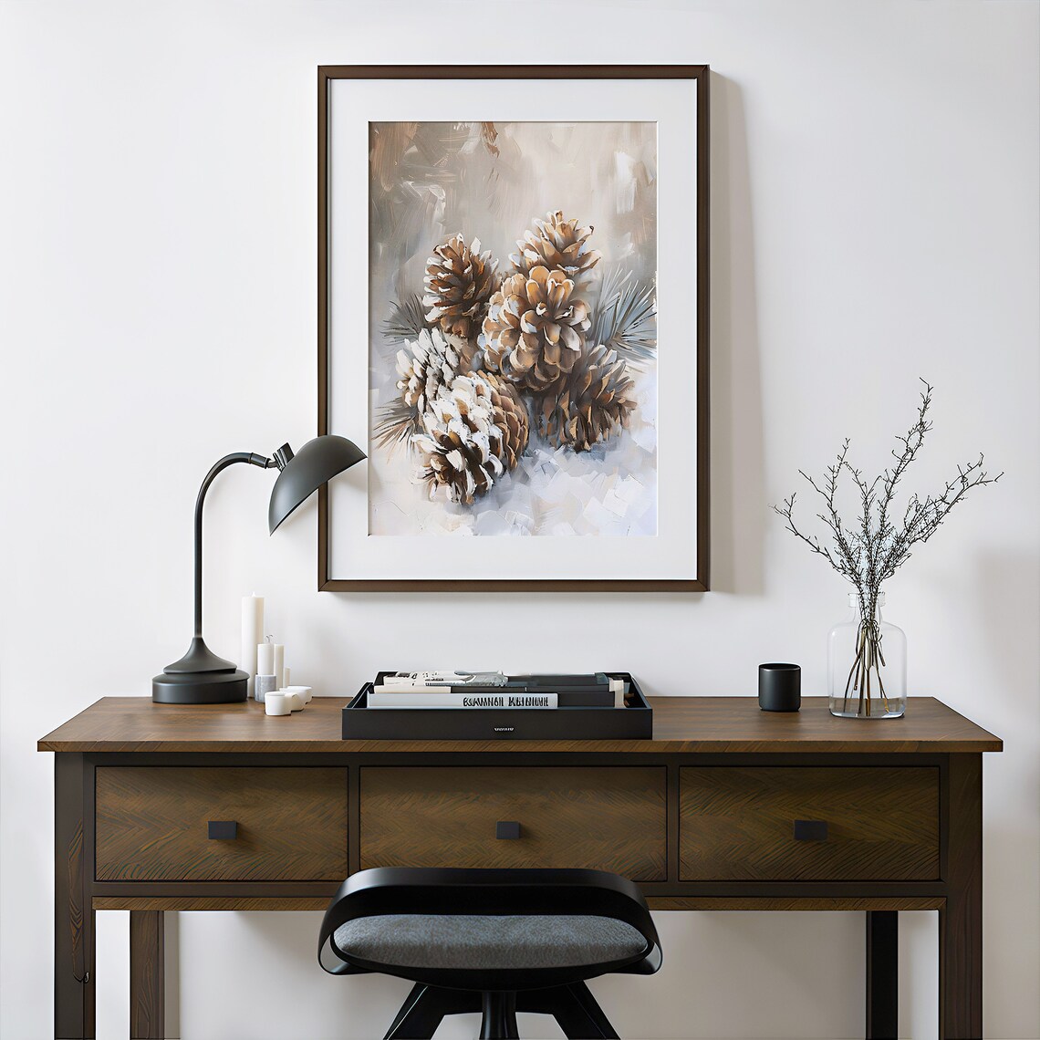 Snowy Pinecones Winter Still Life Vintage Oil Painting Poster - Image 3