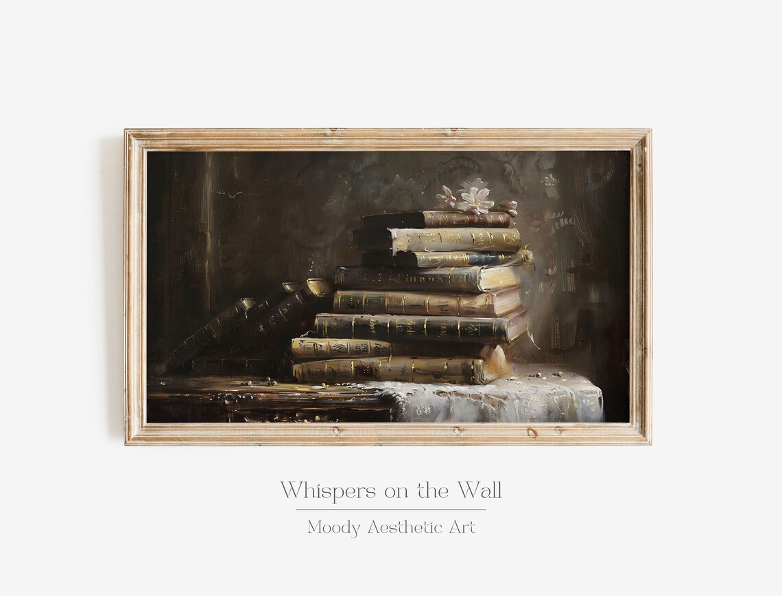 Dark Academia Book Pile Frame Tv Art Moody Frame Tv Art Victorian Wall Art Romantic Decor Book Stack Artwork