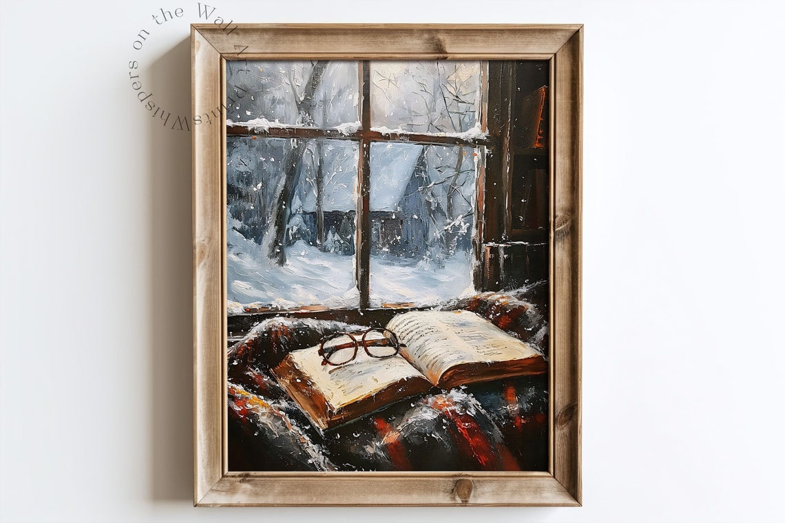 Open Book and Glasses by Snowy Window Cozy Reading Scene Poster - Image 3