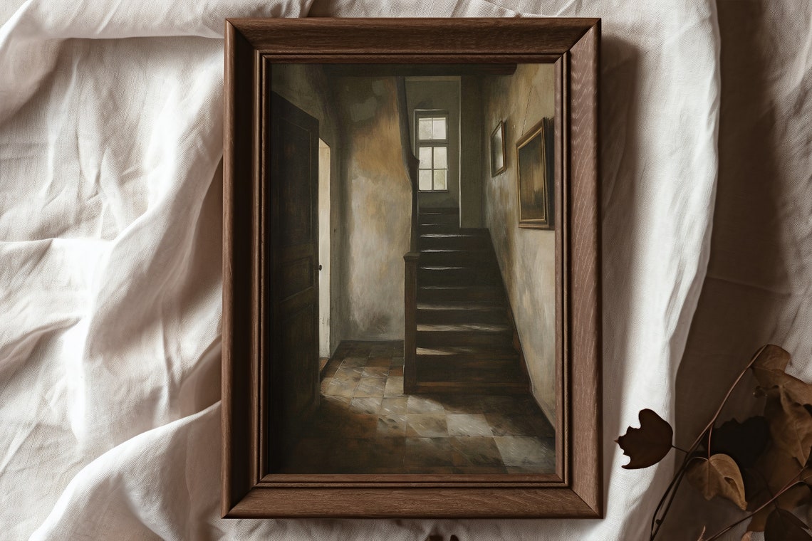 Old Wooden Staircase Interior with Open Door Dark Vintage Poster - Image 2