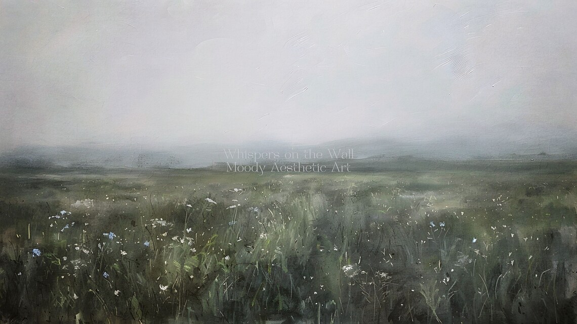 Foggy Green Meadow With Wildflowers Moody Misty Landscape Painting Poster - Image 5