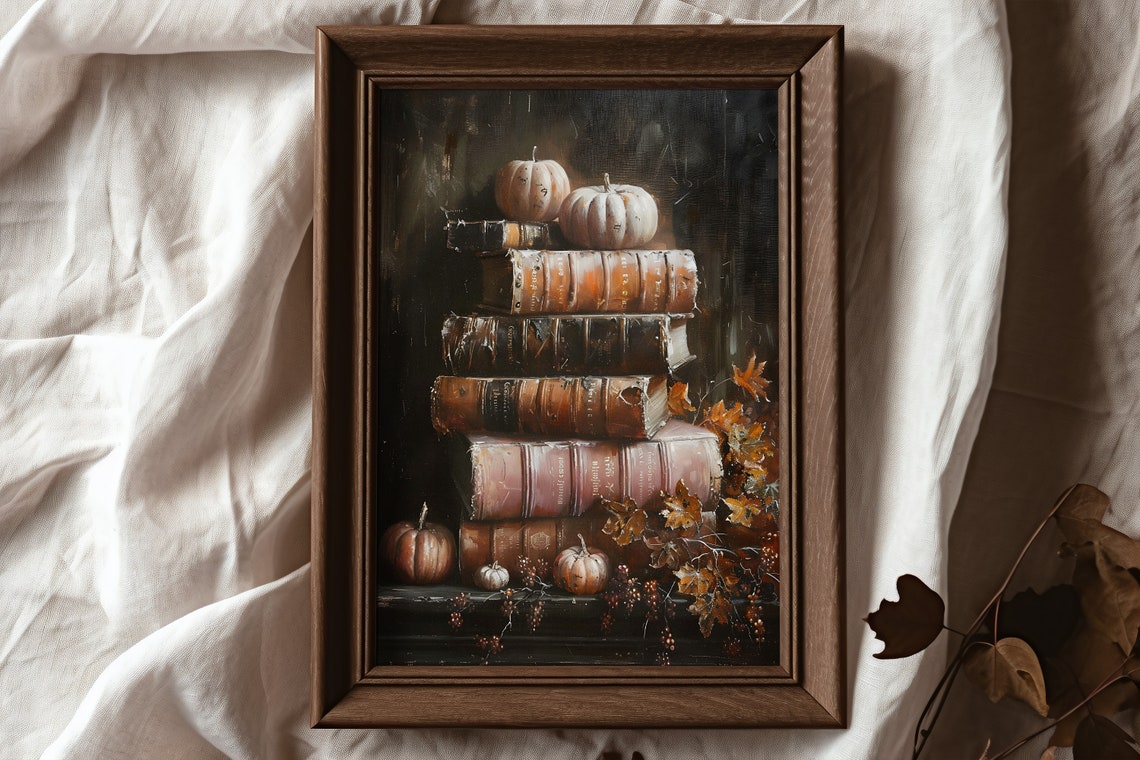 Stack of Antique Books with Pumpkins Dark Autumn Still Life Poster - Image 6