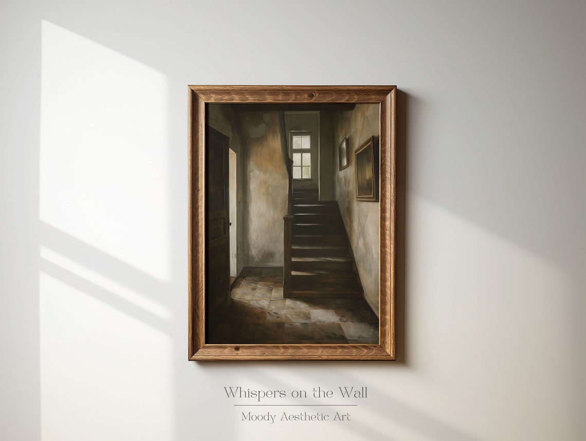 Old Wooden Staircase Interior with Open Door Dark Vintage Poster - Image 3