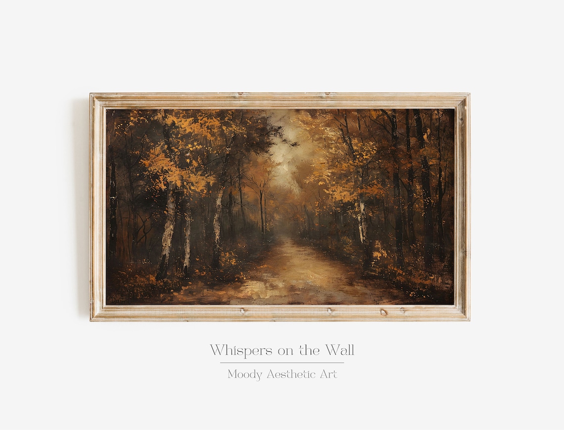 Moody Autumn Forest Path Golden Foliage Vintage Landscape Oil Poster