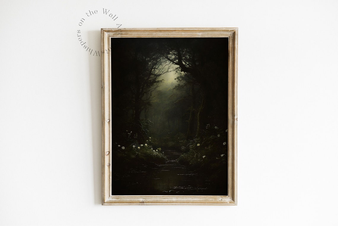 Dark Moonlit Forest Stream with Light Through Trees Mystical Poster - Image 3