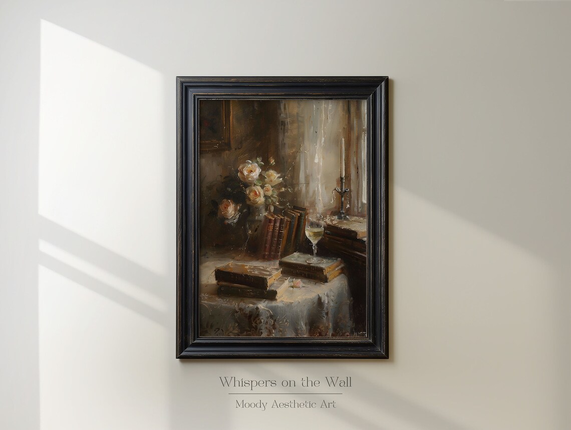 Vintage Books With Roses And Wine Glass Candlelight Still Life Painting Poster - Image 2