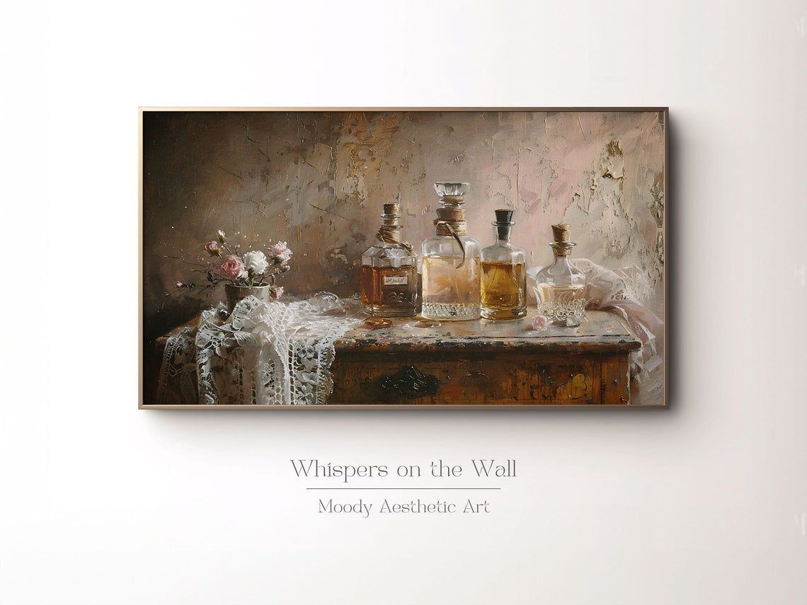 Antique Perfume Bottles on Lace Vanity Still Life Painting Poster - Image 2