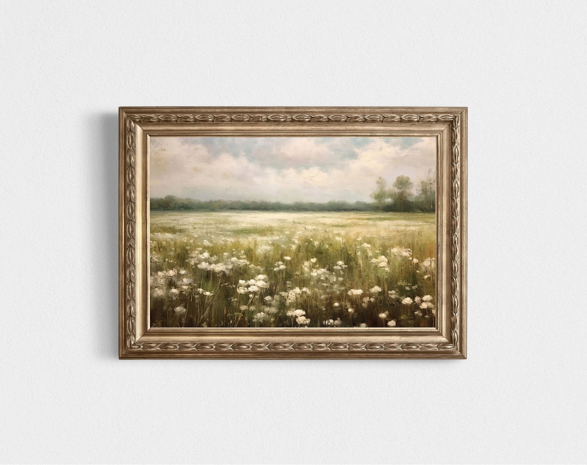 White Wildflower Meadow Soft Neutral Landscape Painting Poster - Image 3