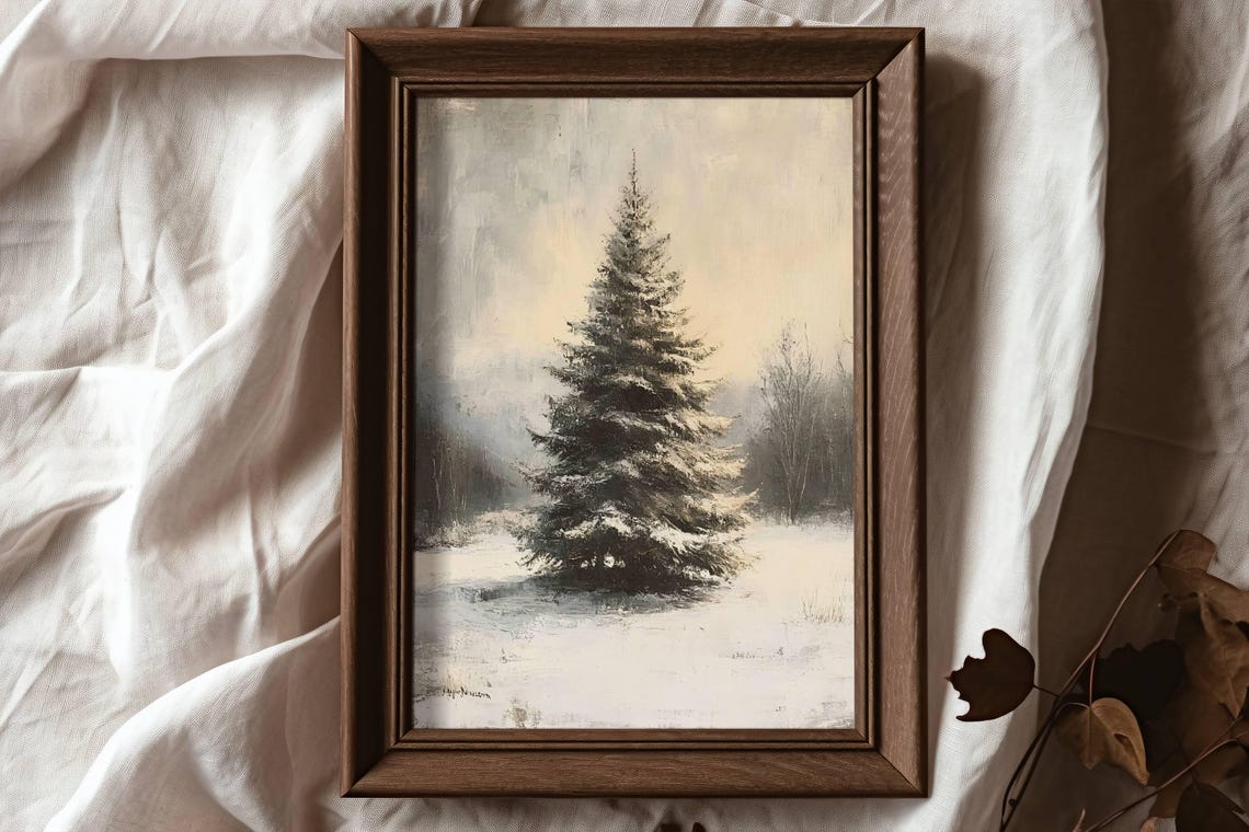Lone Snow Covered Pine Tree In Misty Winter Field Vintage Poster - Image 3