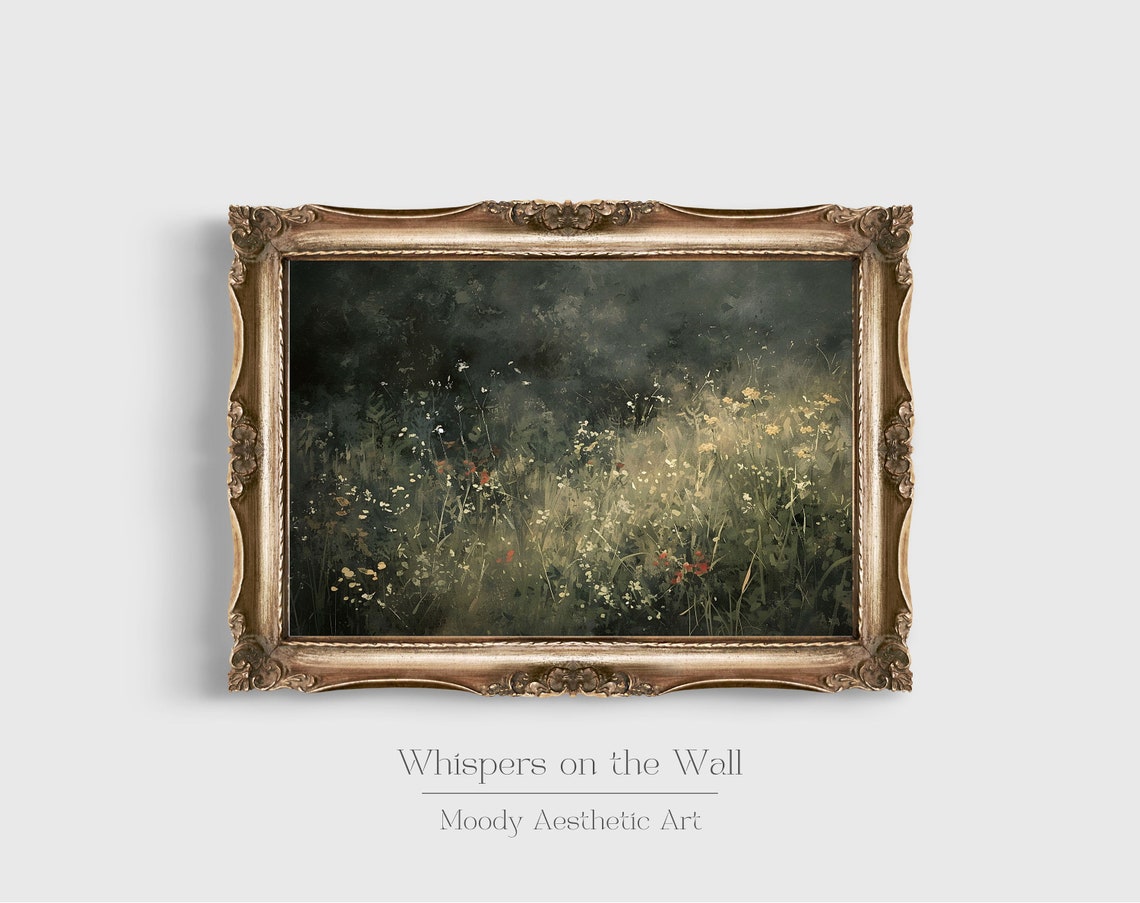 Dark Moody Wildflower Meadow with Poppies Oil Painting Poster - Image 3