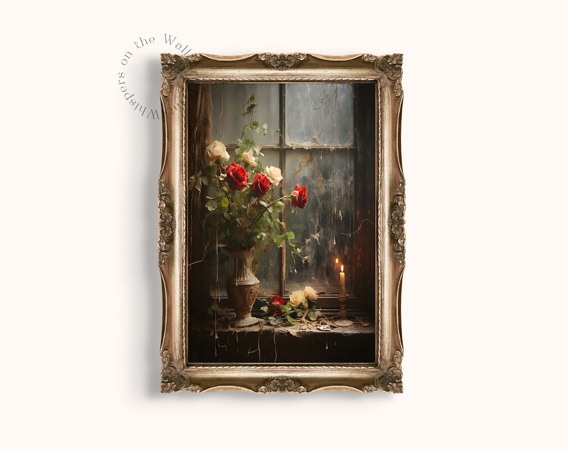 Red Roses in Vase Rainy Window Candle Moody Gothic Wall Poster - Image 2