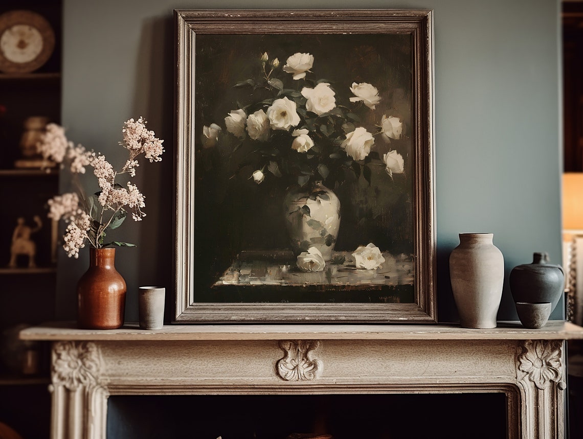 White Roses In Vase Still Life Moody Vintage Floral Painting Poster - Image 2