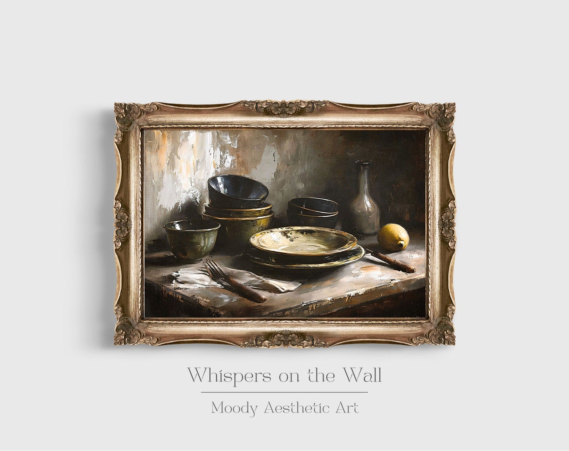 Rustic Bowls and Plate with Lemon Dark Kitchen Still Life Poster - Image 4