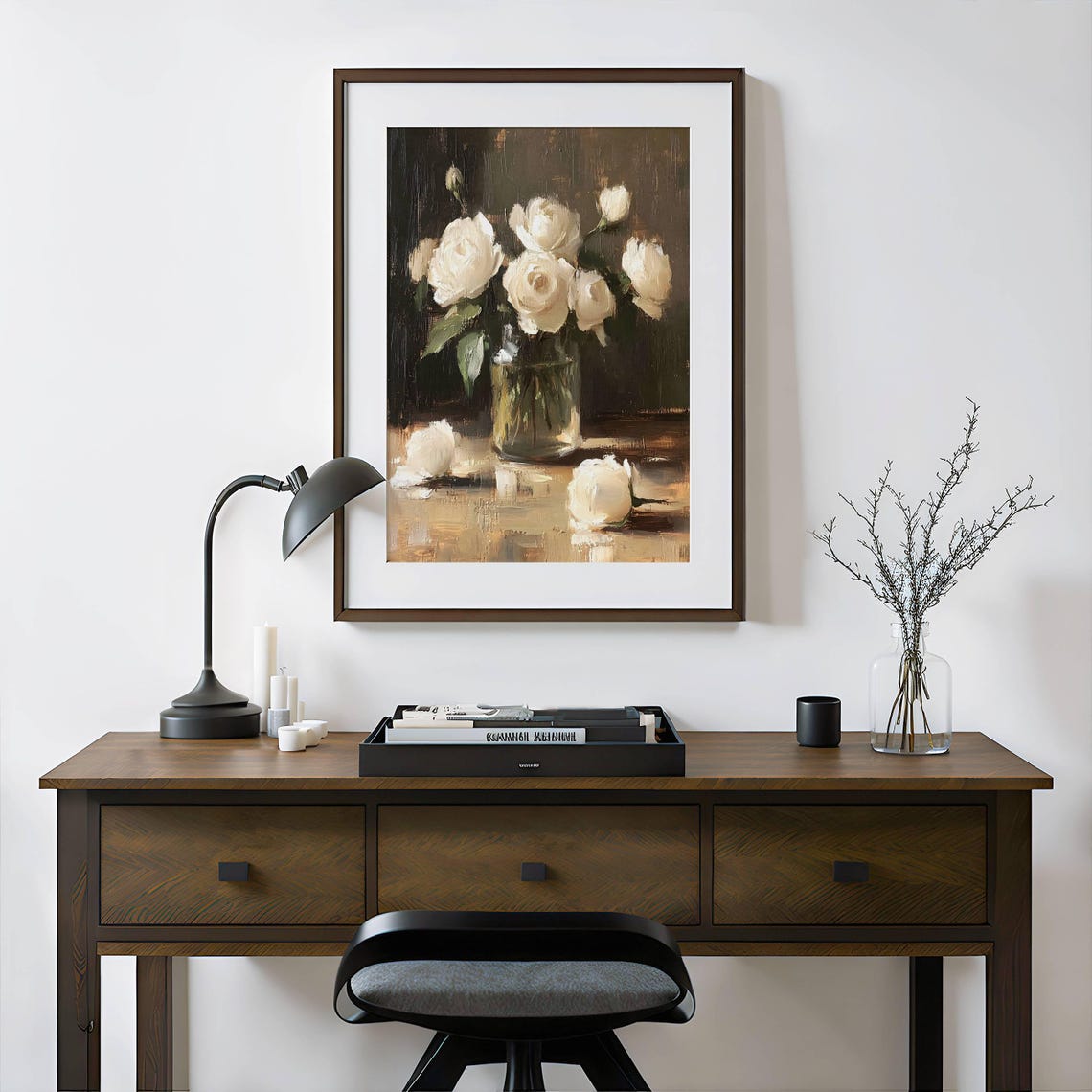 White Roses In Glass Vase Moody Dark Background Floral Poster - Image 2