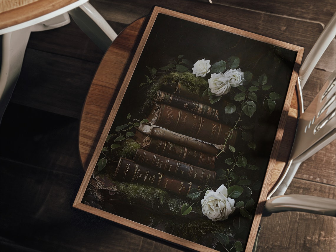 Moss Covered Vintage Book Stack With White Roses Dark Academia Poster - Image 6