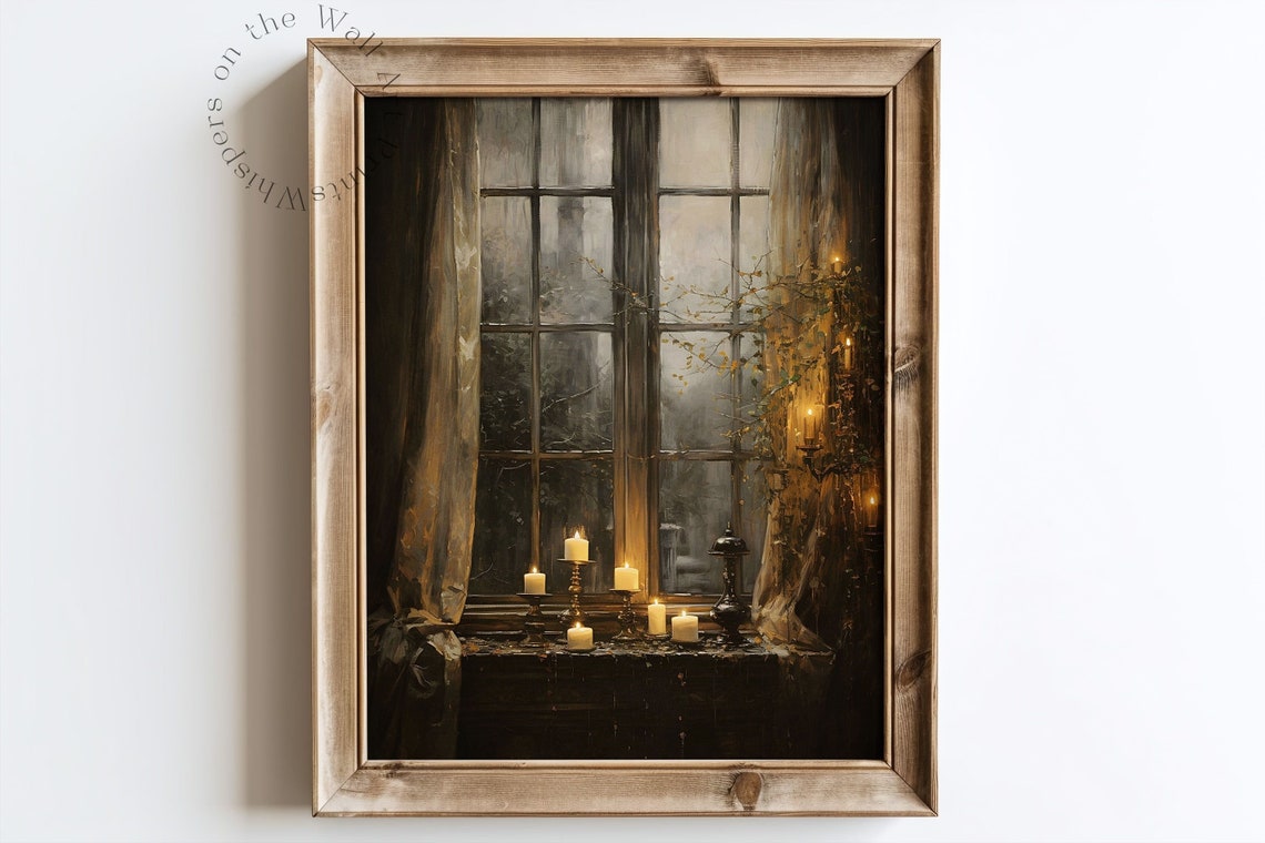 Moody Golden Candles on Rainy Window Sill Dark Academia Poster - Image 3
