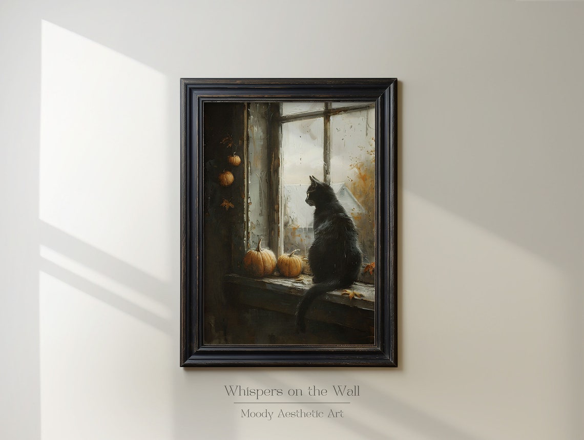 Black Cat on Windowsill with Pumpkins Autumn Painting Poster - Image 2