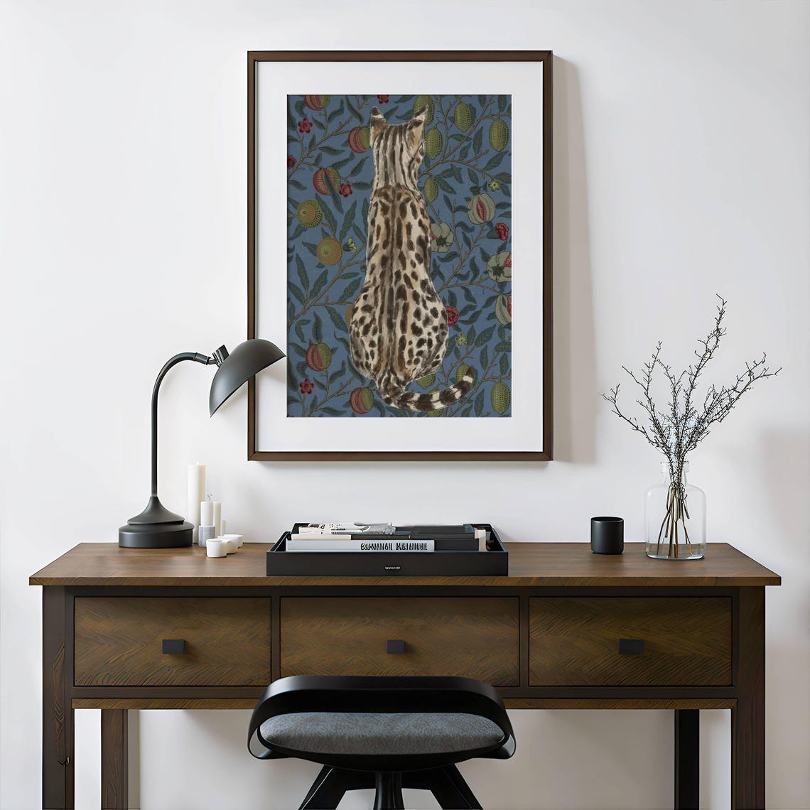 Spotted Cat From Behind On Vintage Fruit Patterned Wallpaper Poster - Image 4
