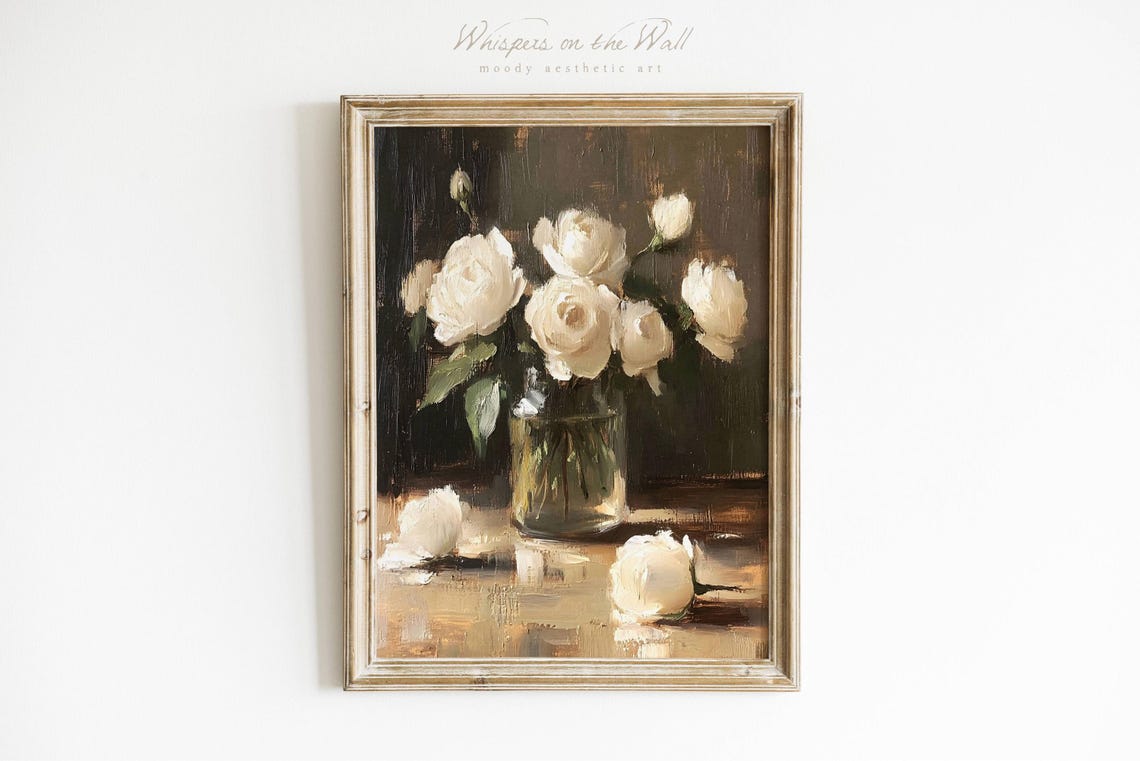 White Roses In Glass Vase Moody Dark Background Floral Poster