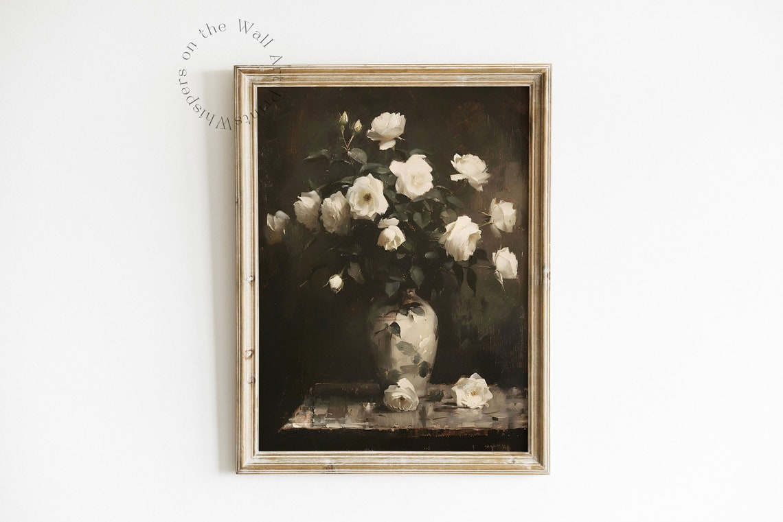 White Roses In Vase Still Life Moody Vintage Floral Painting Poster - Image 6
