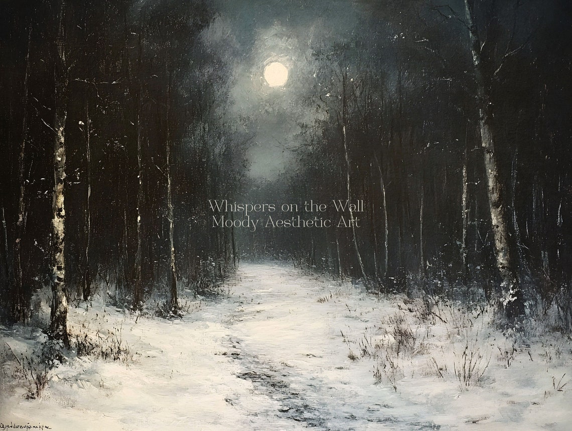 Moonlit Winter Forest Night Path Dark Moody Landscape Oil Poster - Image 5