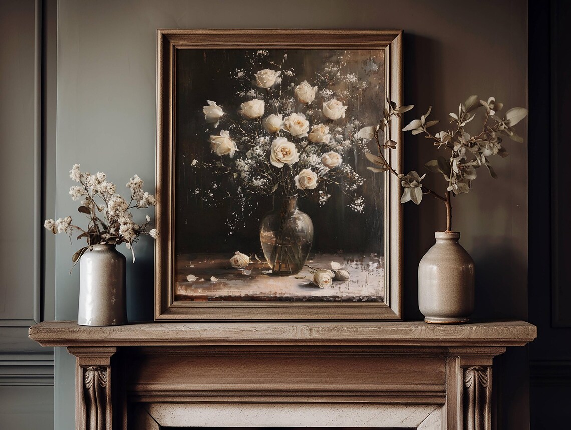 Winter Rose Vase Art Print, Dark Floral Decor - Image 4