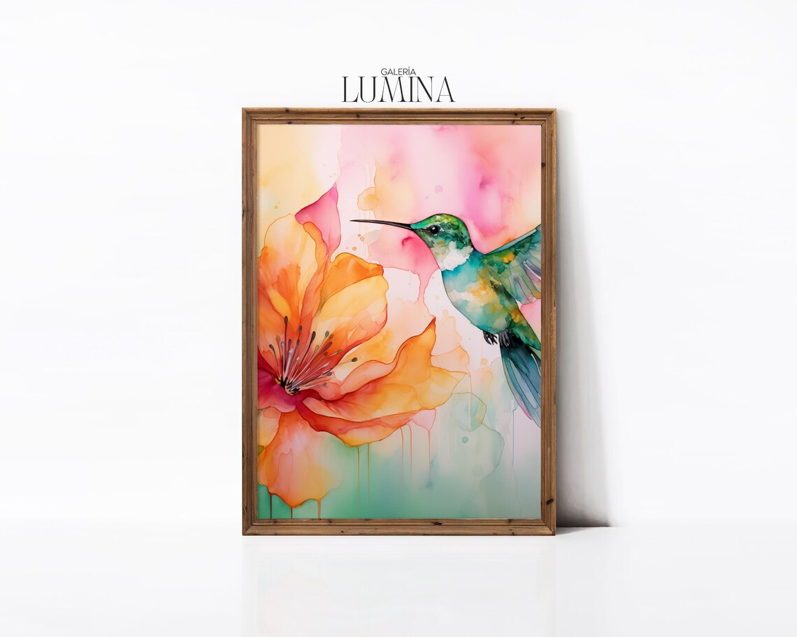 Colorful Hummingbird and Hibiscus Watercolor Painting Poster - Image 2