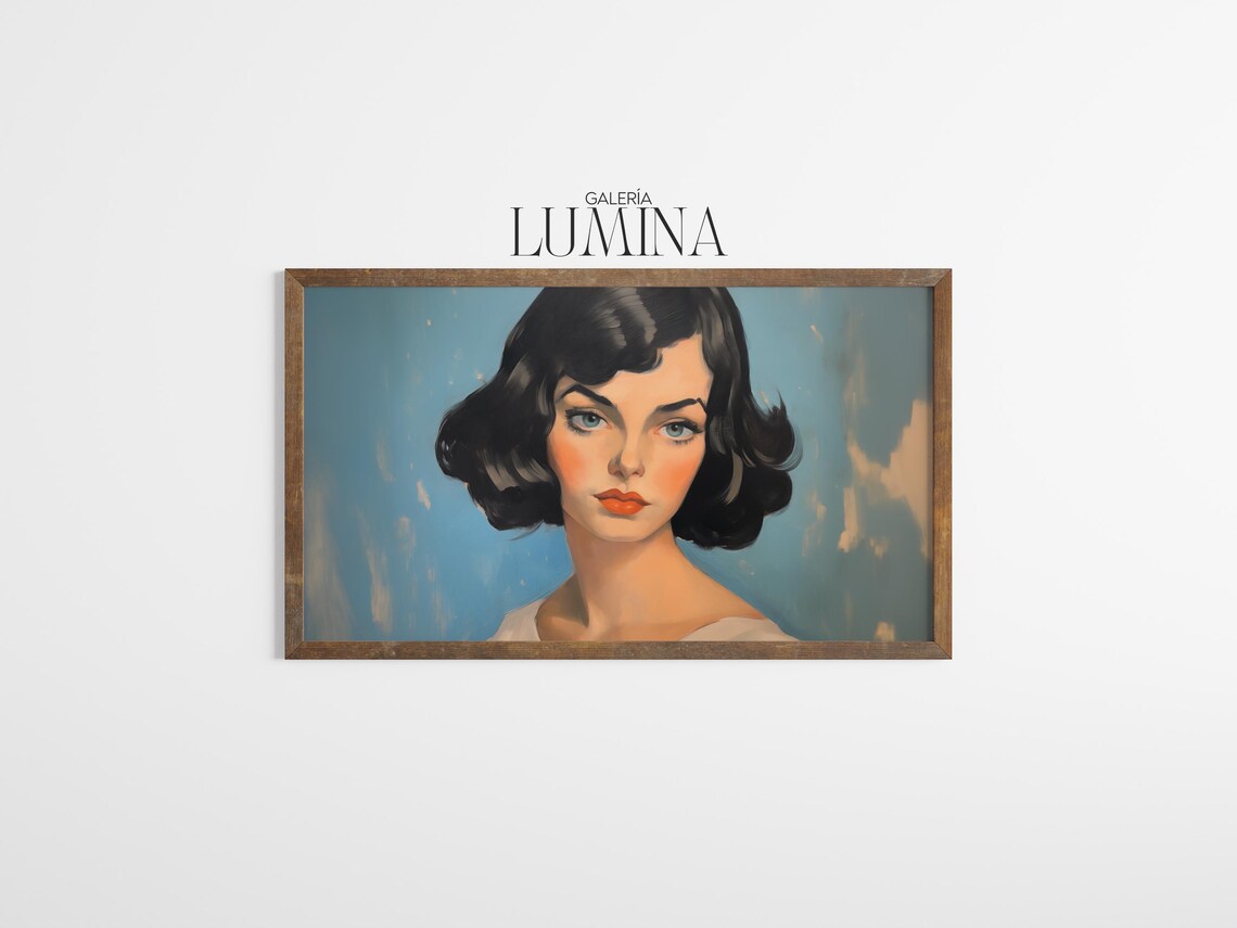 Retro Woman Portrait Vintage 1950s Style Dark Bob Red Lips Painting Poster - Image 3