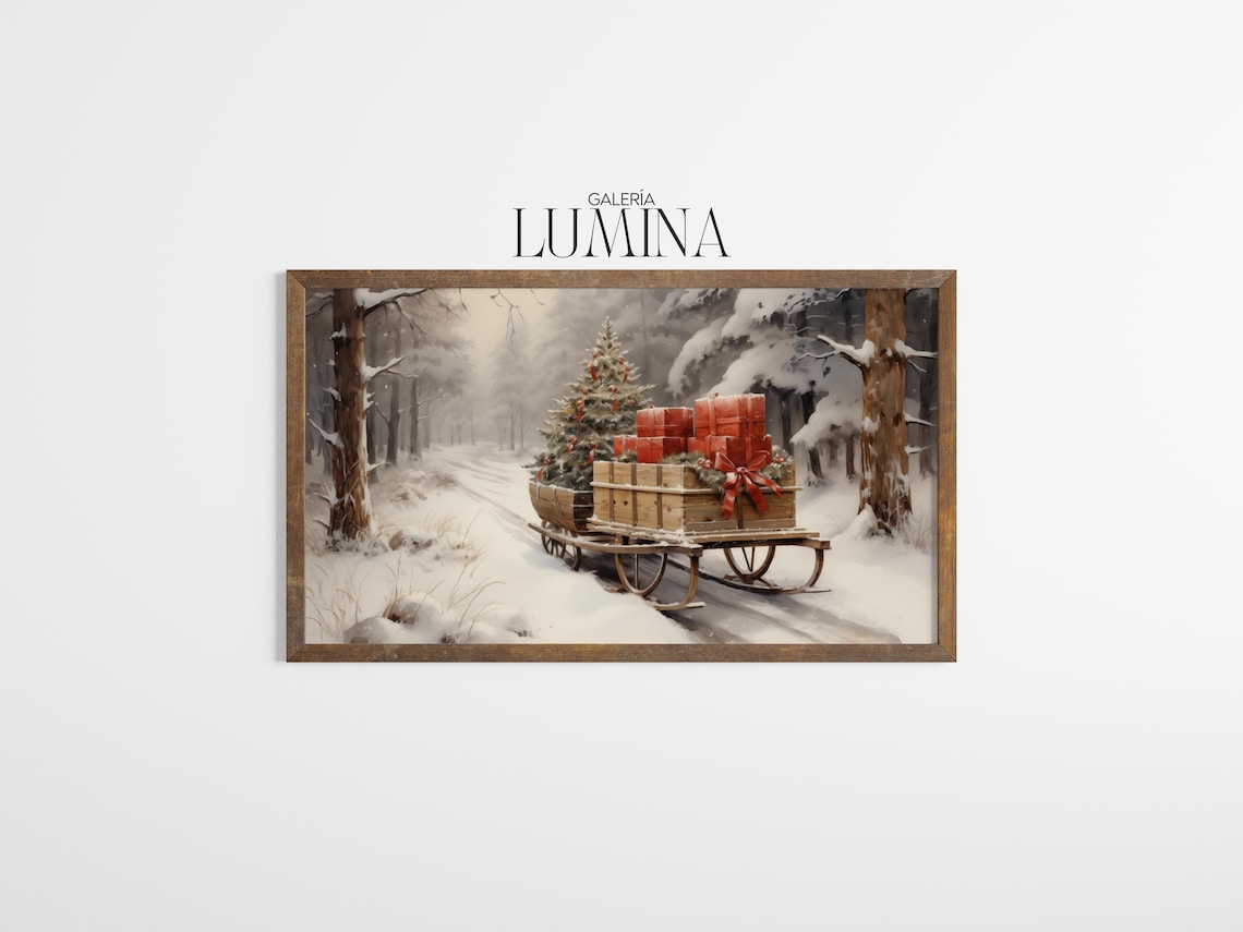Wooden Sled with Christmas Tree and Gifts Snowy Forest Poster - Image 3