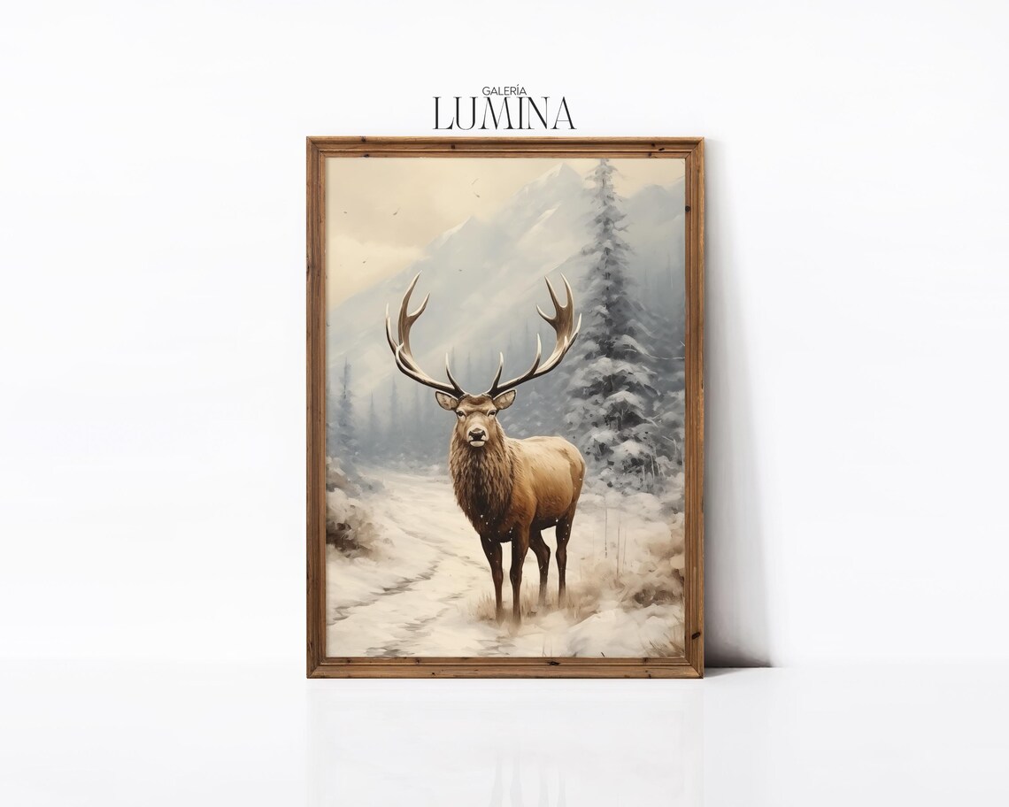 Vintage Winter Elk Oil Painting, Rustic Art Print - Image 2