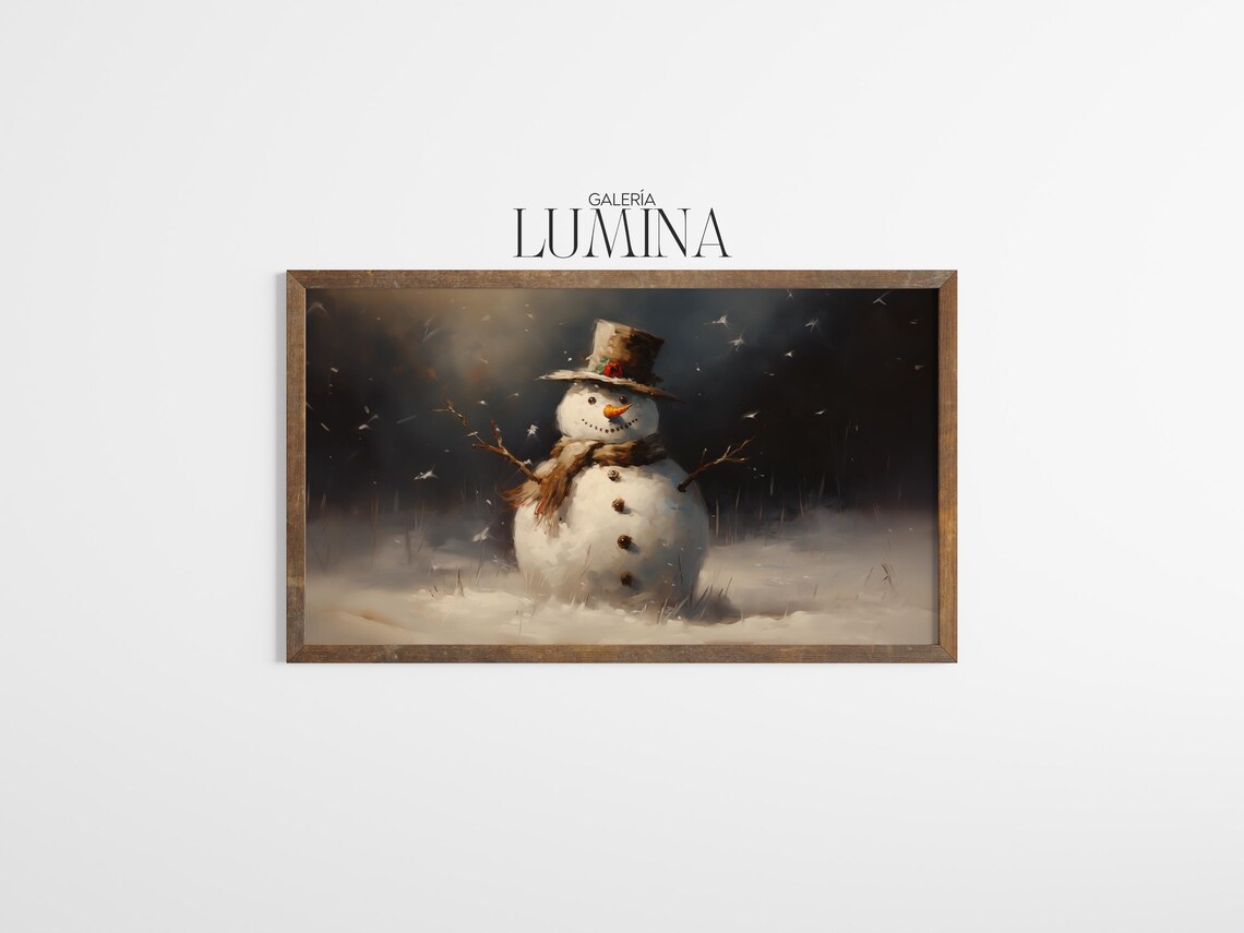 Moody Snowman at Dusk With Tall Hat Vintage Night Winter Scene Poster - Image 3