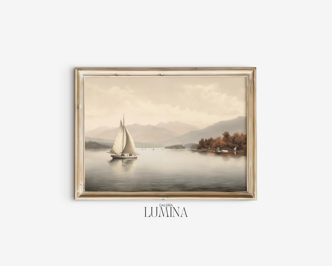 Vintage Neutral Sailboat Painting Muted Small Boats On Lake Painting Adirondack Mountains Landscape Art Frame Tv Art 580 - Image 2