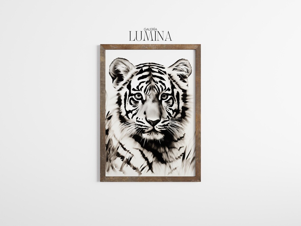 Black And White Tiger Portrait In Tall Grass Monochrome Wildlife Art Poster - Image 2