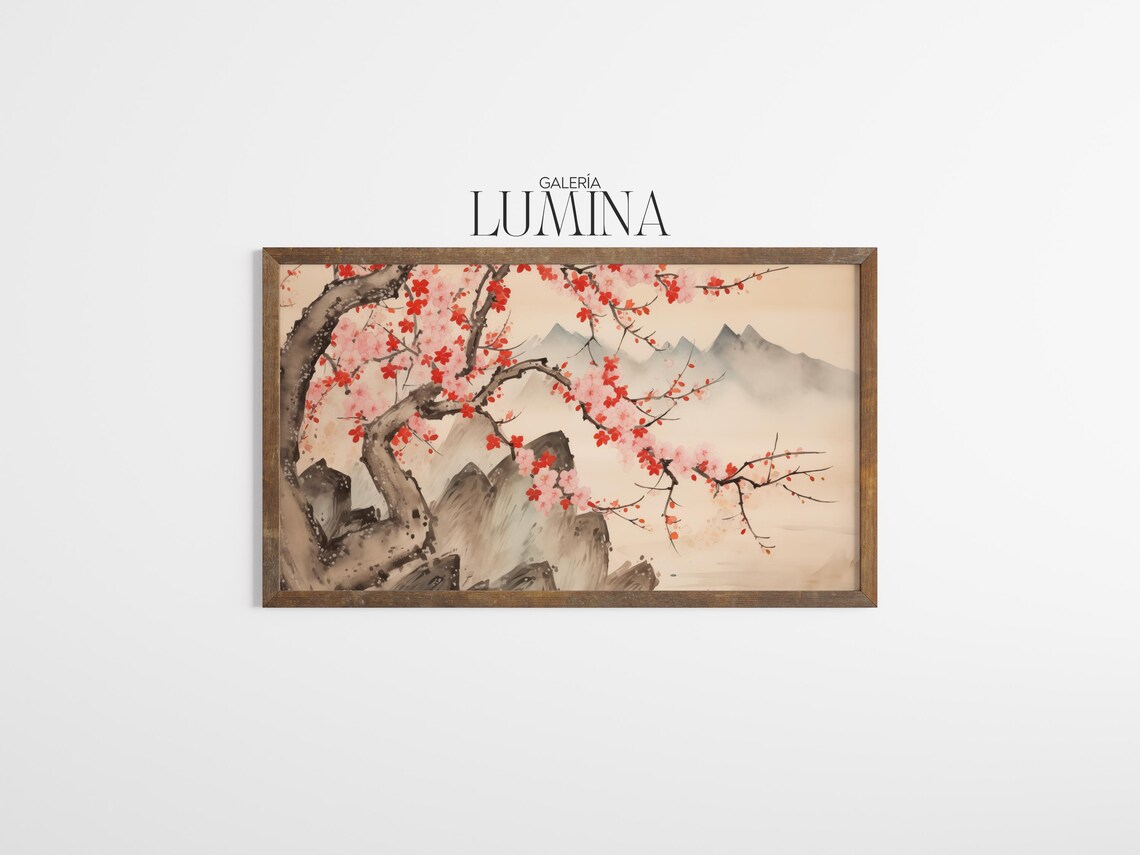 Japanese Cherry Blossom Tree Mountain Ink Painting Asian Poster - Image 3