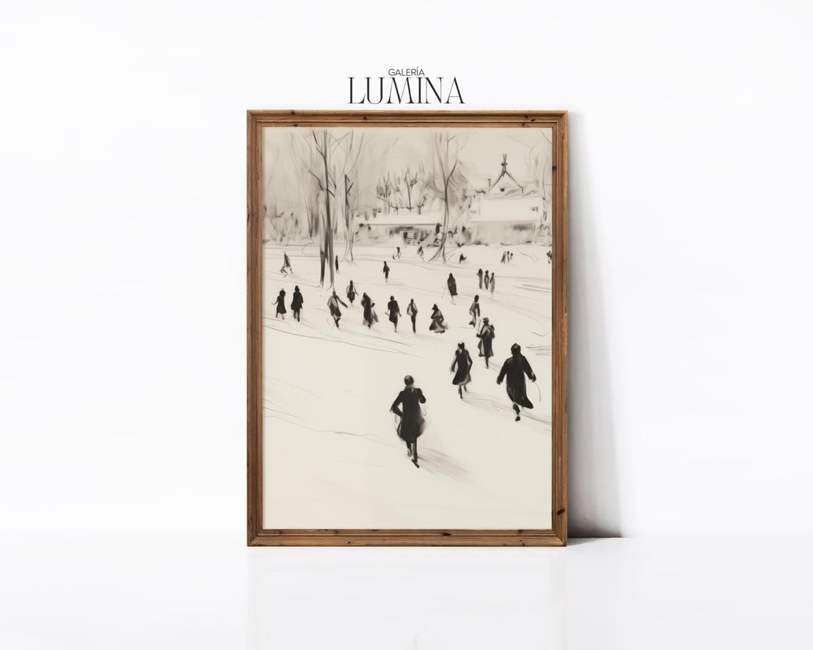 Ice Skaters in a Snowy Park Pencil Sketch Winter Scene Wall Art - Image 3