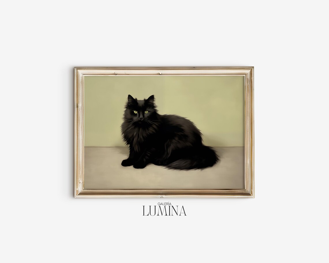Fluffy Black Cat with Green Eyes Original Painting Portrait Poster - Image 2