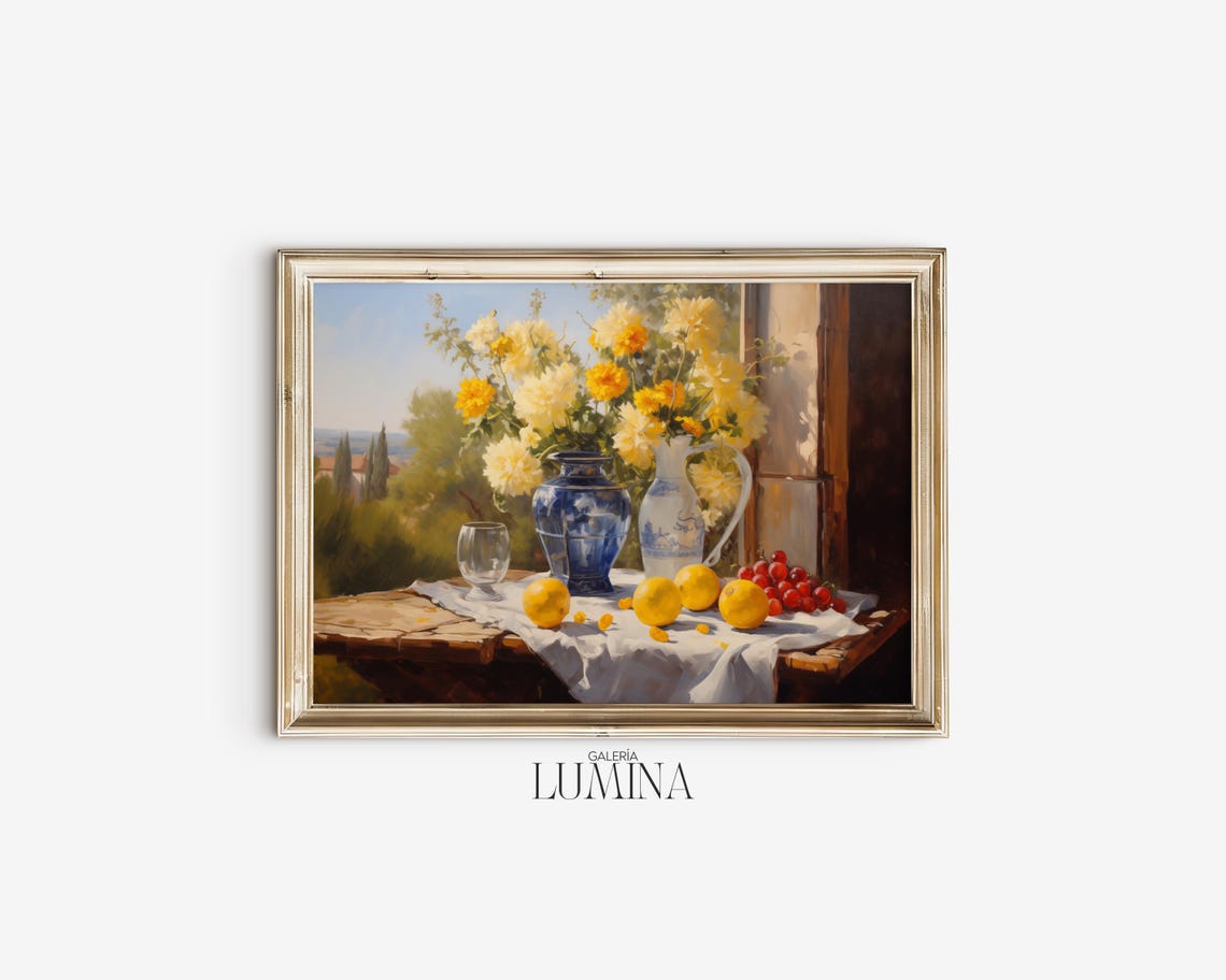 Italian Kitchen Still Life Lemons Chrysanthemums Window Garden Poster - Image 2