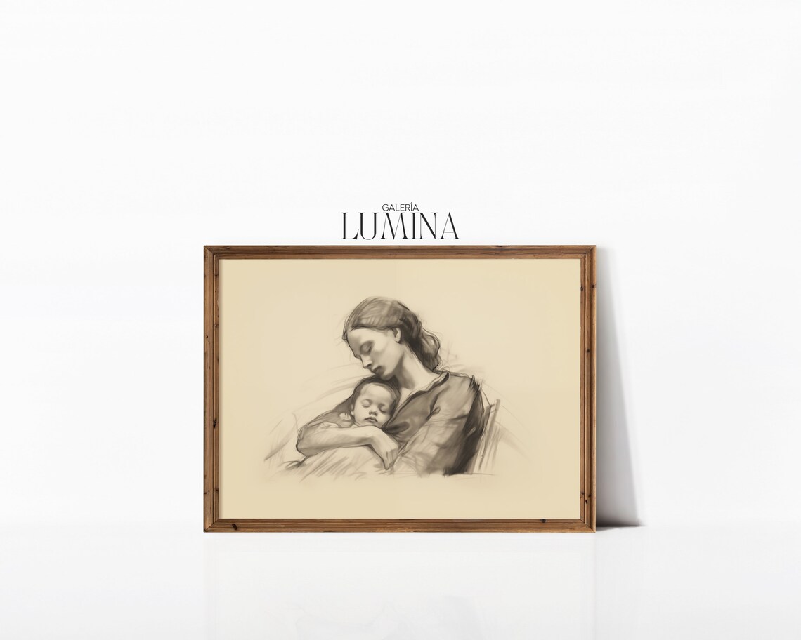 Vintage Mother and Child Line Sketch, Nursery Art Print - Image 3