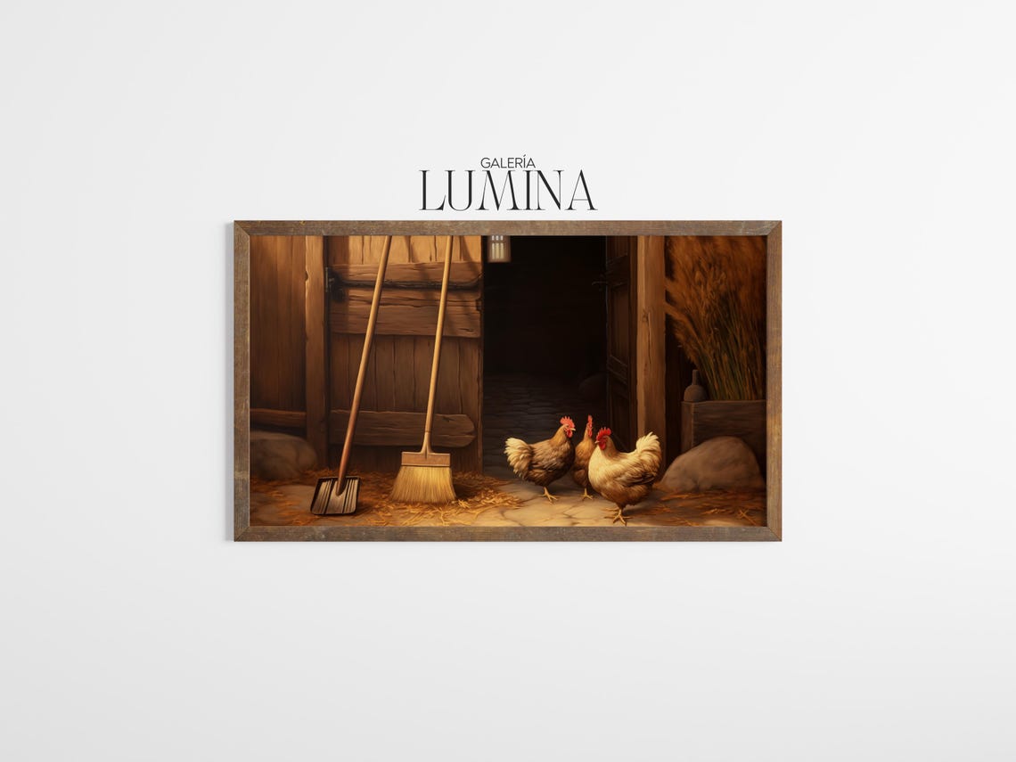 Rustic Barn Interior Chickens Farm Tools Country Scene Art Poster - Image 3