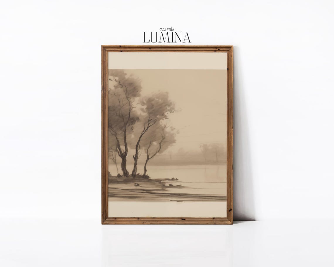 Sepia Tone River Trees Pencil Drawing Muted Color Minimalist Landscape Drawing Framed Tree Art Print Art Frame Tv Art 368 - Image 3