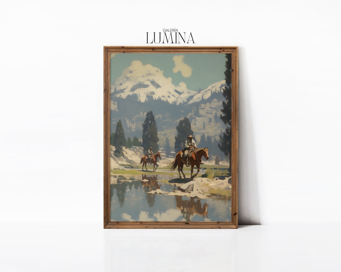 Western Cowboy Painting Southwest Landscape Wall Art Antique Oil Painting Mid Century Wall Decor Art Frame Tv Art 143 - Image 3