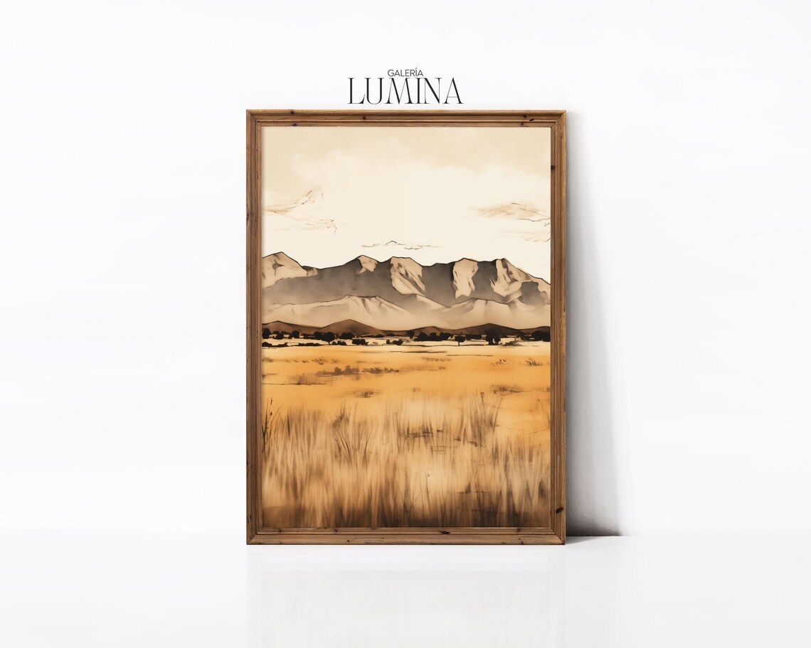 Desert Mountain Range Golden Grass Ink Wash Landscape Poster - Image 2
