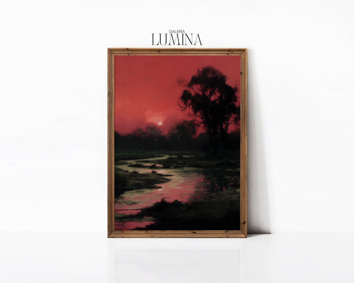 Dark Moody Red Sky Painting Surreal Landscape Print Eclectic Maximalist Wall Art Dark Academia Decor Art Frame Tv Art 126 - Image 3