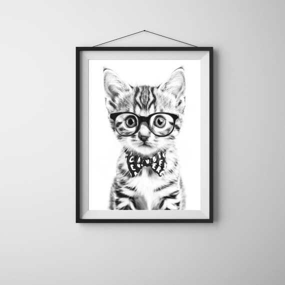 Intellectual Tabby Kitten Glasses Bow Tie Black And White Cute Cat Poster