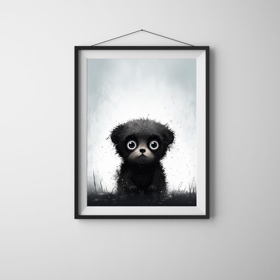 Big Eyed Black Puppy Portrait Monochrome Cute Nursery Animal Poster